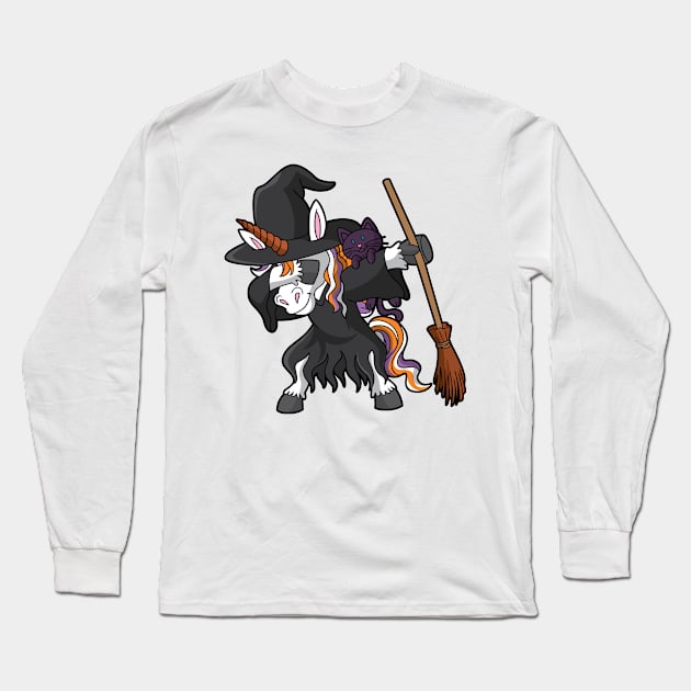 Dabbing Unicorn Witch Halloween Long Sleeve T-Shirt by E